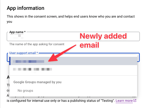 Google OAuth consent screen custom user support email