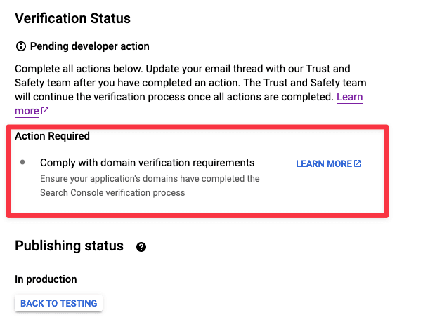 Google OAuth Consent Screen Domain Verification Action Required