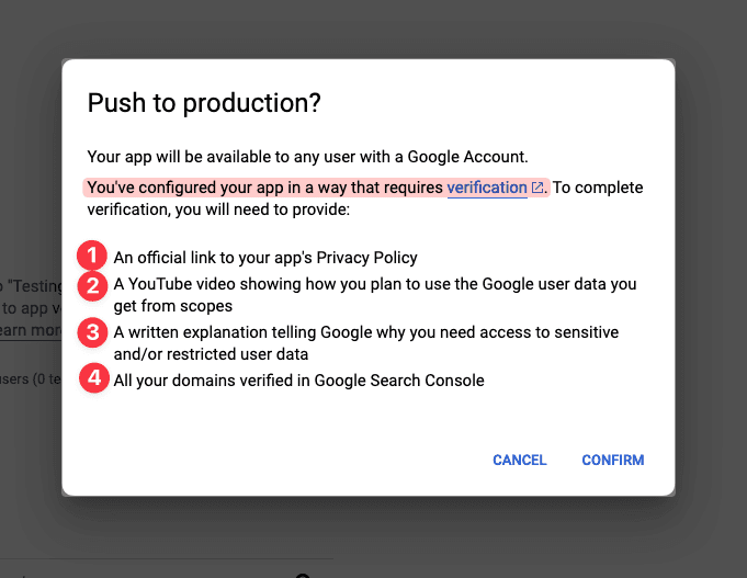 Google OAuth Push to Production Popup