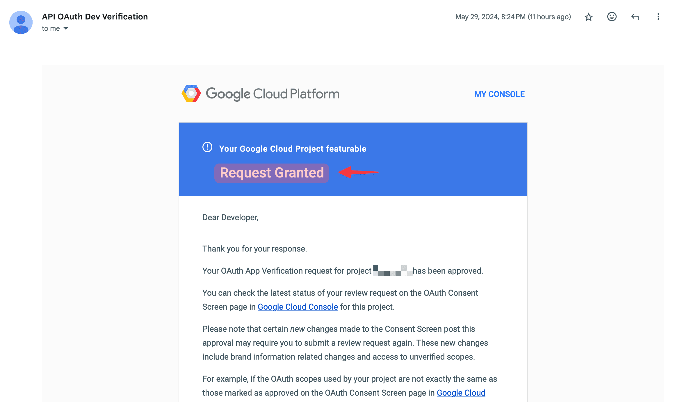 Google OAuth Verification Granted Email